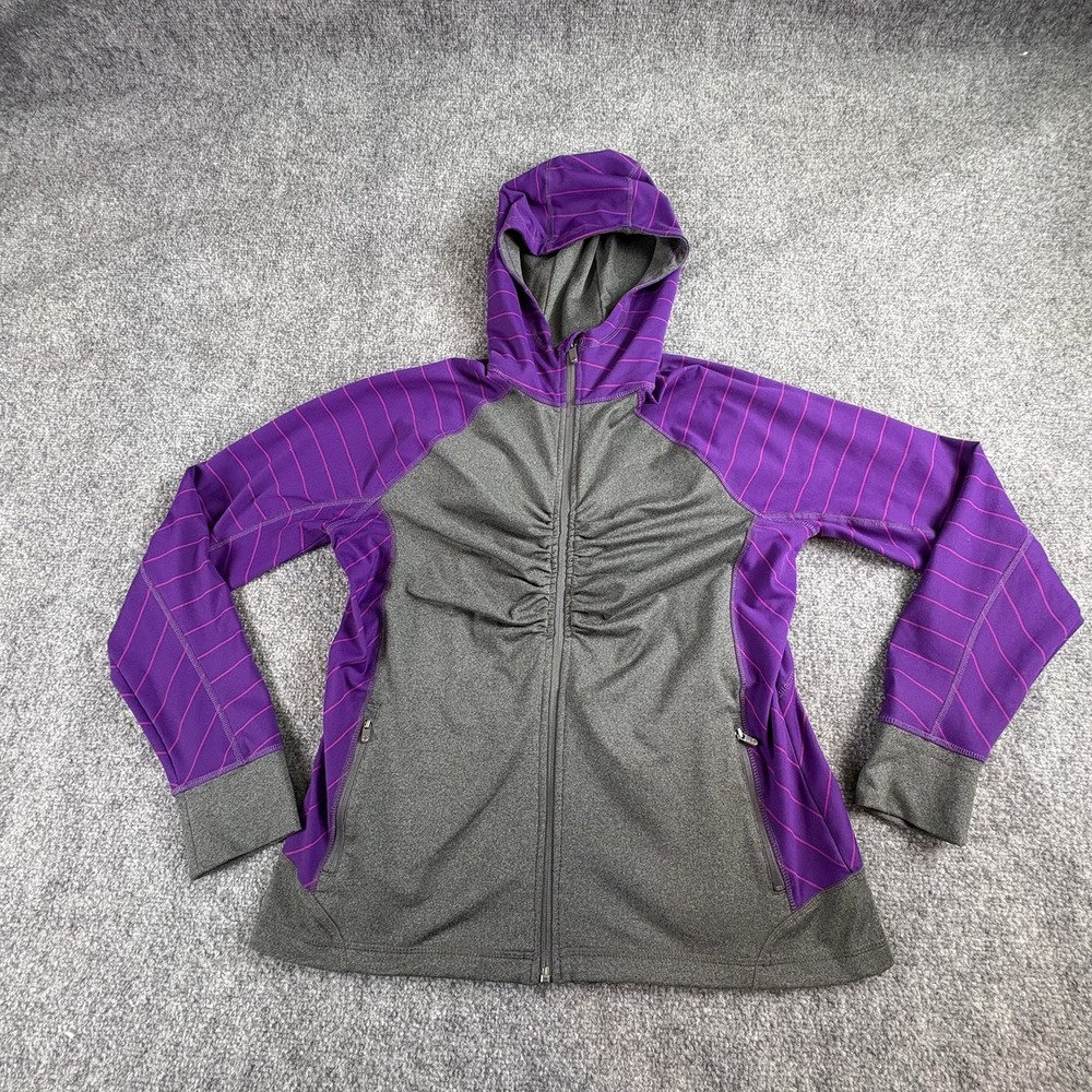 Lands End Jacket‎ Women M Hooded Active Purple Gray Striped Athleisure Ruched